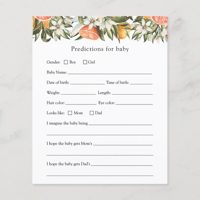 Little Cutie Predictions for Baby Shower card (Front)