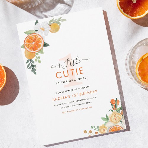 Little Cutie Watercolor Citrus Floral 1st Birthday Invitation