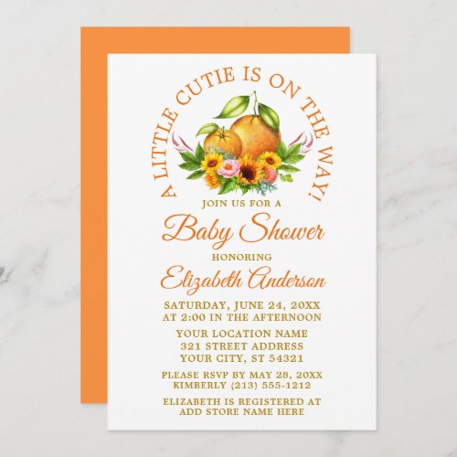 Little Cutie Watercolor Floral Oranges Baby Shower Invitation