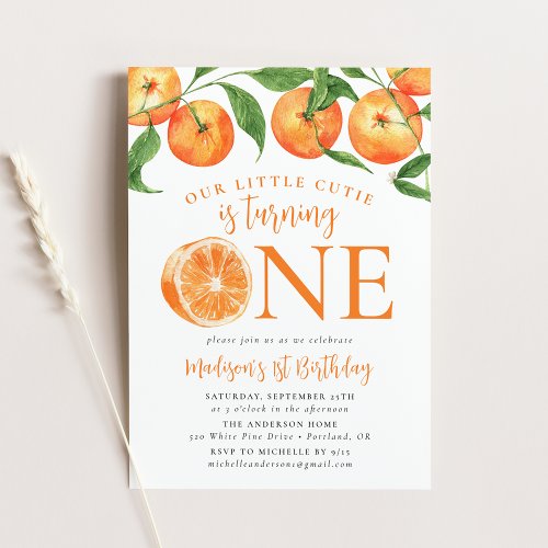 Little Cutie Watercolor Oranges 1st Birthday Invitation
