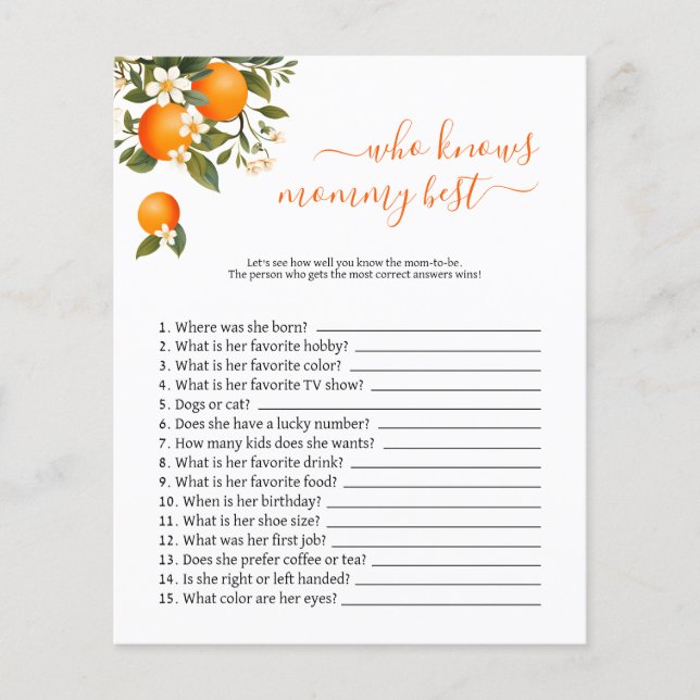 Little Cutie Who knows mommy best baby shower game (Front)