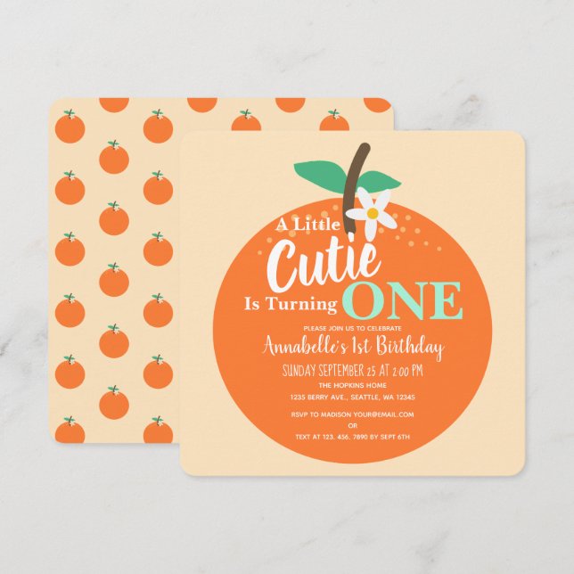 Little cuties turns one Orange Kids First Birthday Invitation (Front/Back)