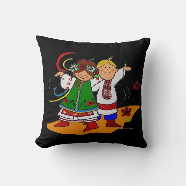 Little Dancers Ukrainian Folk Art Throw Pillow (Front)