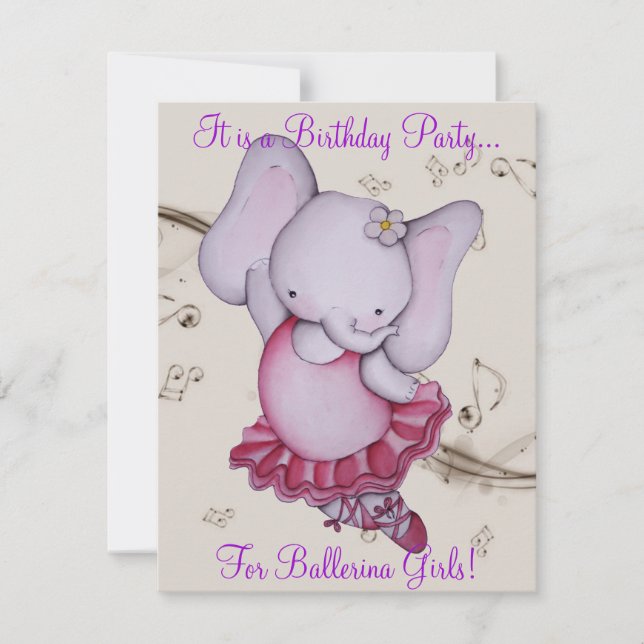 Little Dancing Ballerina Elephant Party Invites (Front)