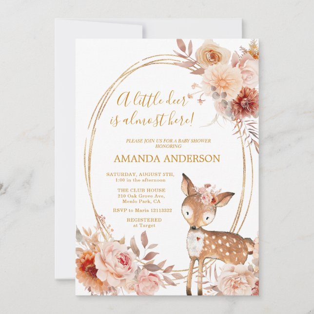 Little Deer Beige Floral Baby Shower invitation (Front)