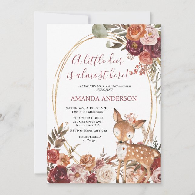 Little Deer Beige Marsala Baby Shower invitation (Front)