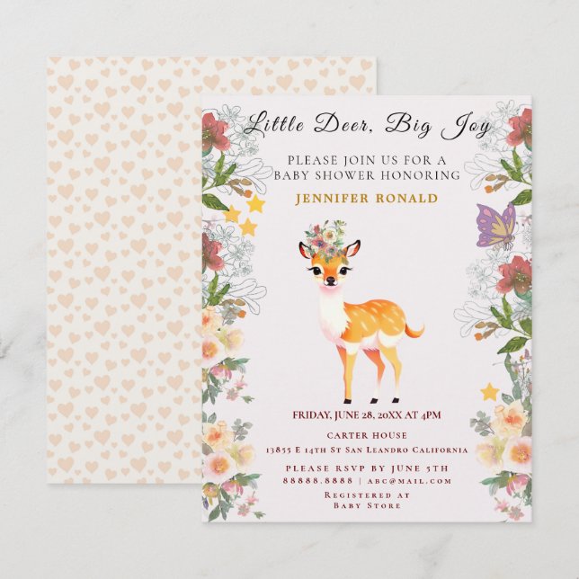 Little deer, Big Joy Pink flower Baby Shower theme Invitation (Front/Back)