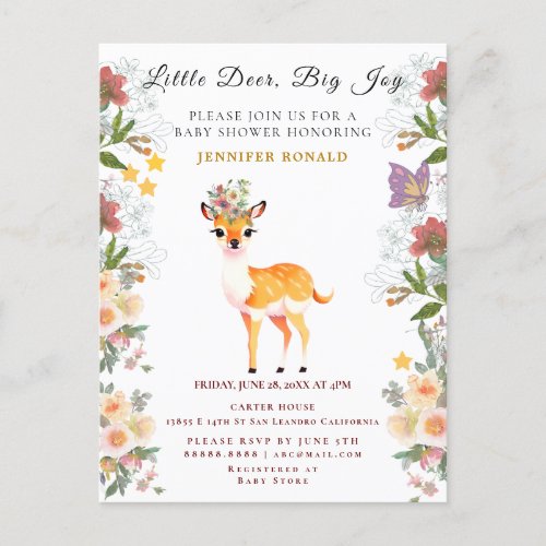 Little deer Big Joy Pink flower Baby Shower theme Invitation Postcard