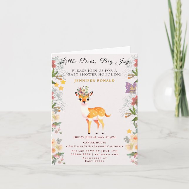 Little Deer, Big Joy Pink Flowers and Butterfly In Invitation (Front)