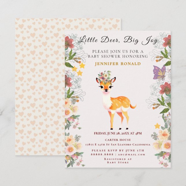 Little Deer, Big Joy Pink Flowers and Butterfly In Invitation (Front/Back)