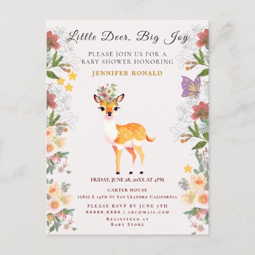  Little Deer Big Joy Pink Flowers and Butterfly Invitation Postcard