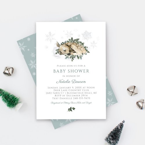 Little Deer Blue and Green Woodland Baby Shower Invitation