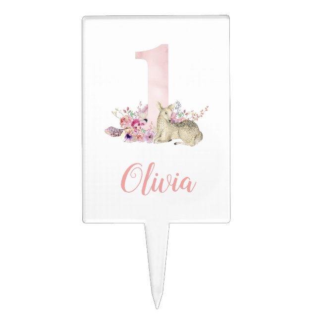 Little Deer First Birthday Monogrammed Cake Topper (Front)