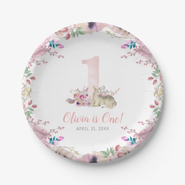 Little Deer First Birthday Party Personalized Paper Plates (Front)