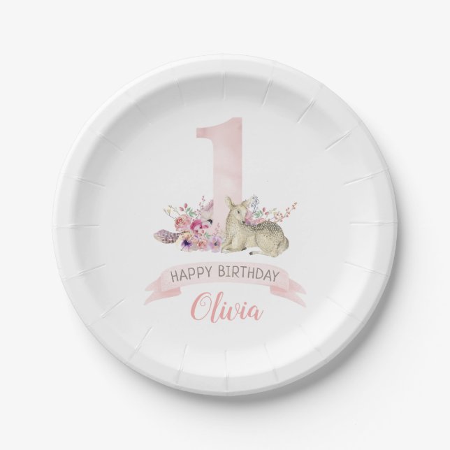 Little Deer First Birthday Party Personalized Paper Plates (Front)