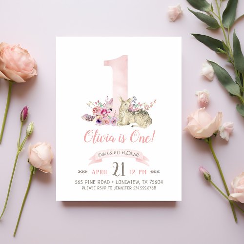 Little Deer First Birthday Party Photo Invitation