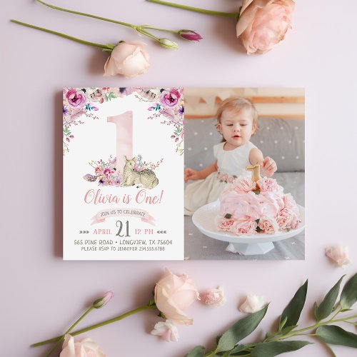 Little Deer First Birthday Party Photo Invitation