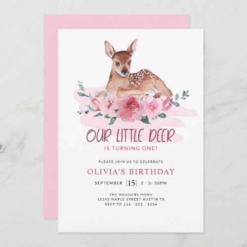 Little Deer Floral Pink First Birthday Party Invitation