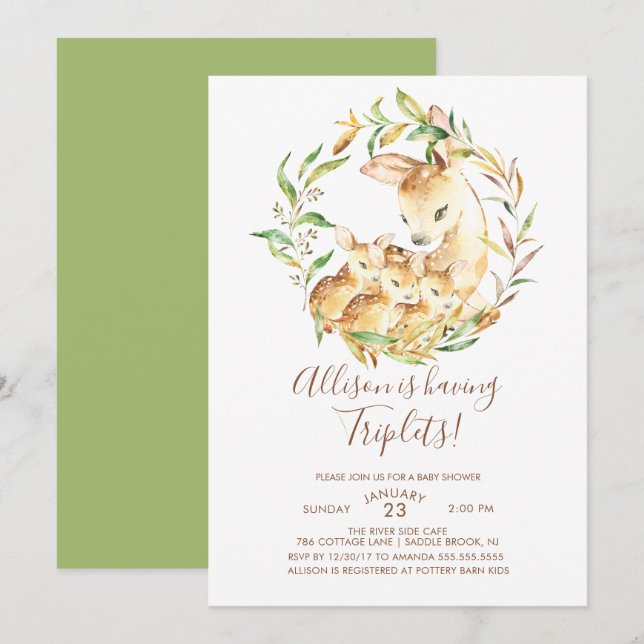 Little Deer Triplets Baby Shower Invitations (Front/Back)
