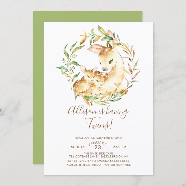 Little Deer Twins Baby Shower Invitations (Front/Back)