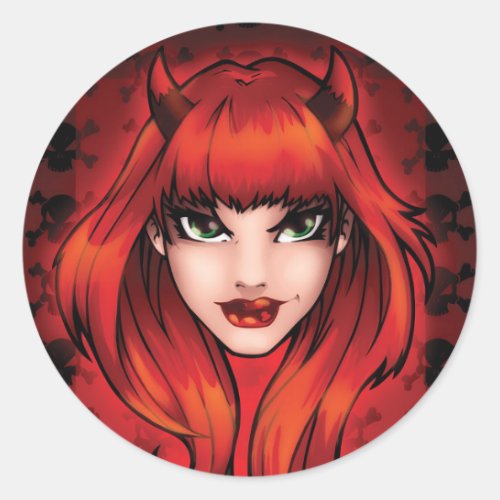 Little devil with skulls cartoon character classic round sticker