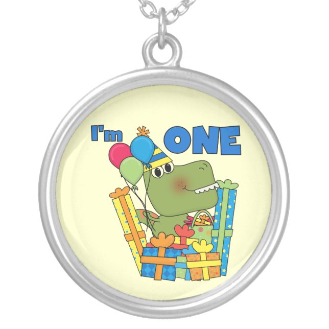 Little Dino 1st Birthday T shirts and Gifts Silver Plated Necklace (Front)