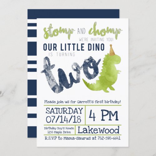 Little Dino 2nd Birthday Dinosaur theme Boy Navy  Invitation