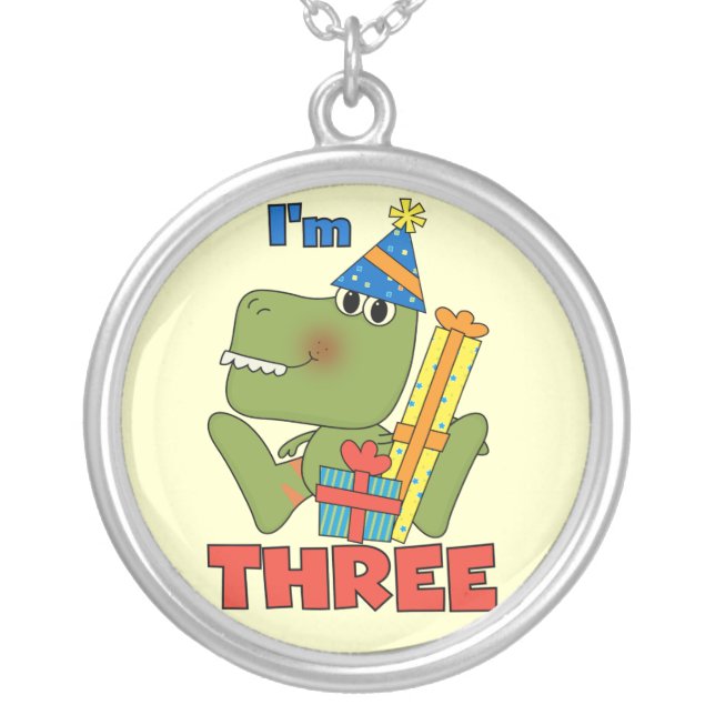 Little Dino 3rd Birthday Tshirts and Gifts Silver Plated Necklace (Front)