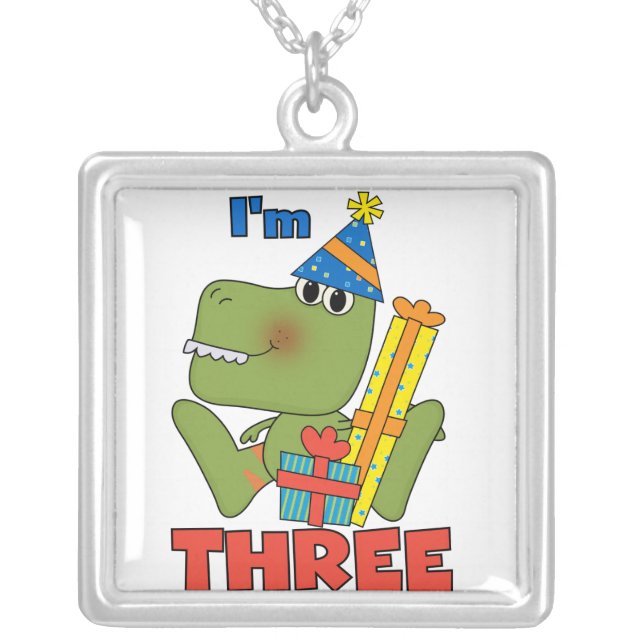 Little Dino 3rd Birthday Tshirts and Gifts Silver Plated Necklace (Front)