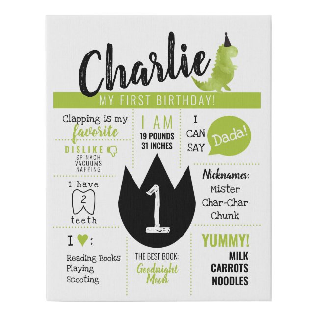 Little Dino Dinosaur Theme Milestone Growth Chart Faux Canvas Print (Front)
