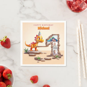 Little Dino Dragon 1st Birthday Photo Big Number Napkins