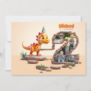 Little Dino Dragon 2nd Birthday Big Number Photo Invitation