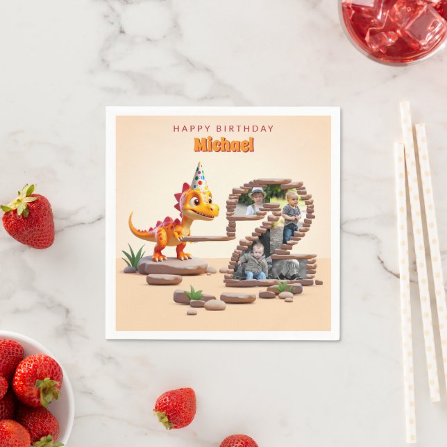 Little Dino Dragon | 2nd Birthday Photo Big Number Napkins (Insitu)