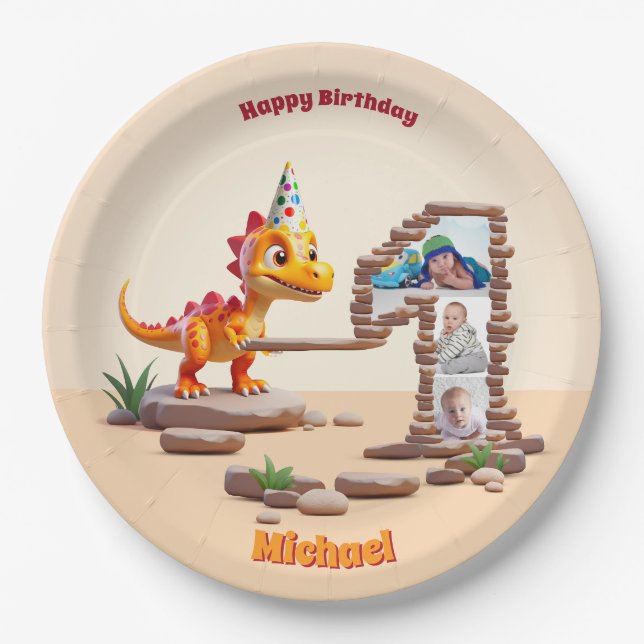 Little Dino Dragon | Photo Big Number 1st Birthday Paper Plates (Front)
