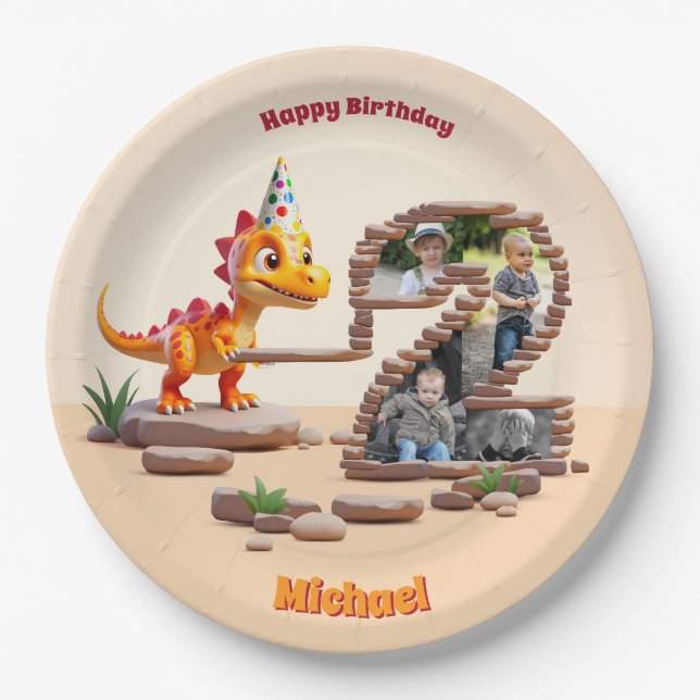Little Dino Dragon | Photo Big Number 2nd Birthday Paper Plates (Front)