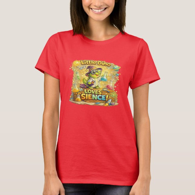 Little Dino Loves Science – Cute Preschool Learnin T-Shirt (Front)