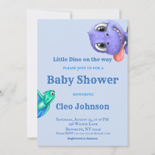 Little Dino on The Way Blue Boy Baby Shower Invita Invitation