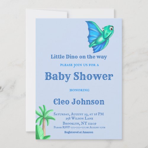 Little Dino on The Way Blue Boy Baby Shower Invitation