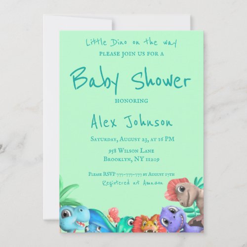 Little Dino on The Way Greenery Baby Shower Invitation