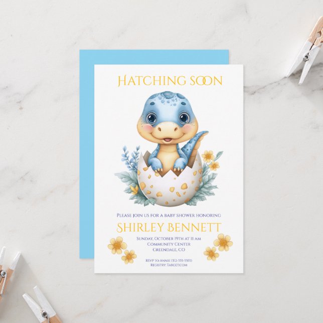 Little Dino on the Way: Hatching Dinosaur Baby Invitation (Front/Back In Situ)
