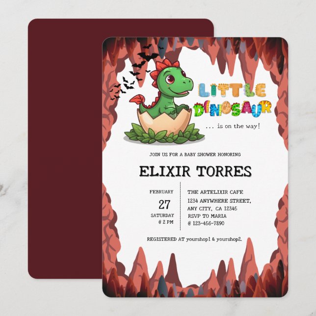 Little Dinosaur Is on the Way Invitation (Front/Back)