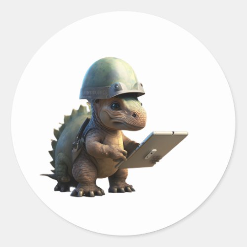 Little dinosaur soldier wearing a helmet and holdi classic round sticker