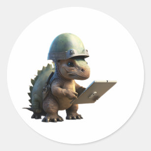Little dinosaur soldier wearing a helmet and holdi classic round sticker