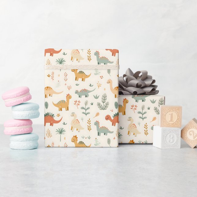 Little Dinosaurs Beige Neutral Tones Wrapping Paper (Baby Shower)