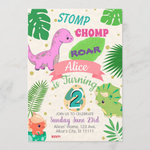 LITTLE DINOSAURS GIRL 2ND BIRTHDAY INVITATION