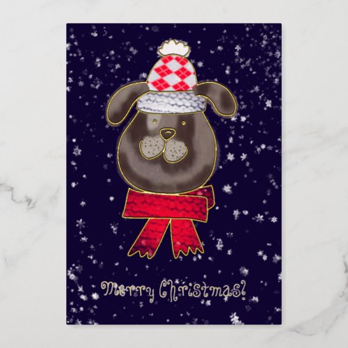 Little dog  wearing knitted cap and scarf foil invitation