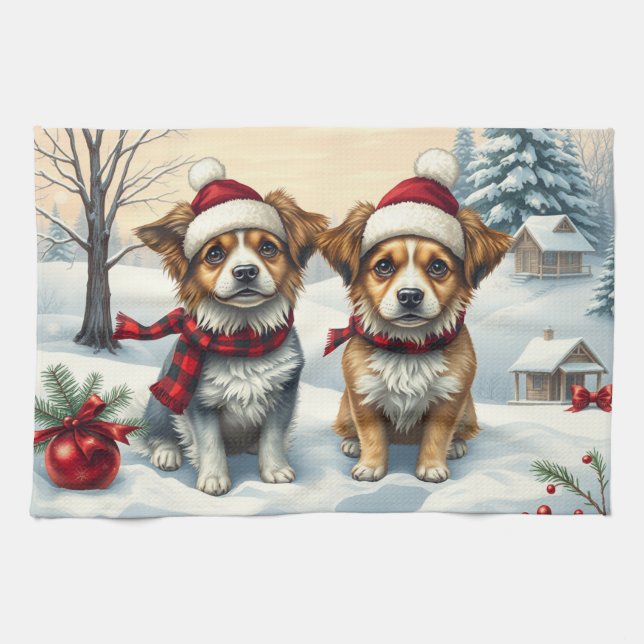 Little Dogs in Preppy Winter Attire and Hat Winter Kitchen Towel (Horizontal)