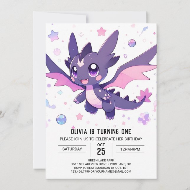 Little Dragon 1st Birthday Invitation (Front)