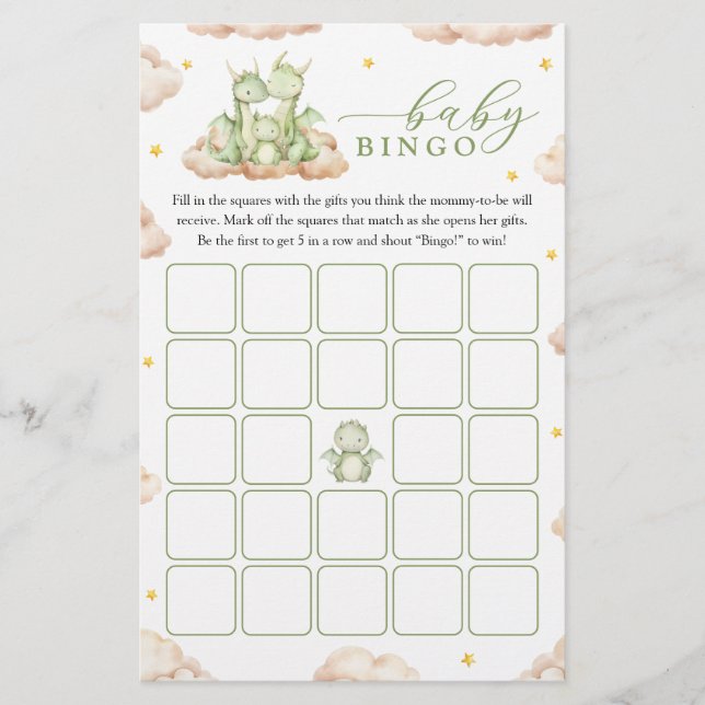 Little Dragon Baby Shower Baby Bingo Game (Front)