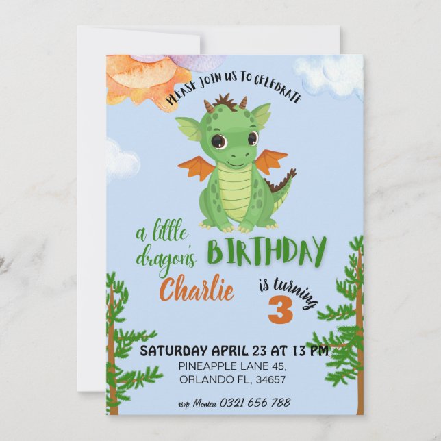 little Dragon Birthday Invite blue baby bday (Front)